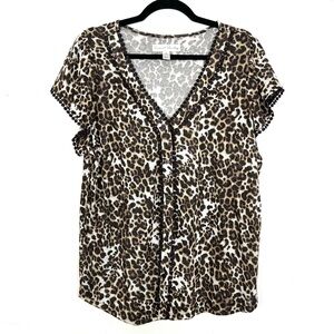 French Laundry Leopard Patterned Lace Accent Flutter Sleeve Top 2X